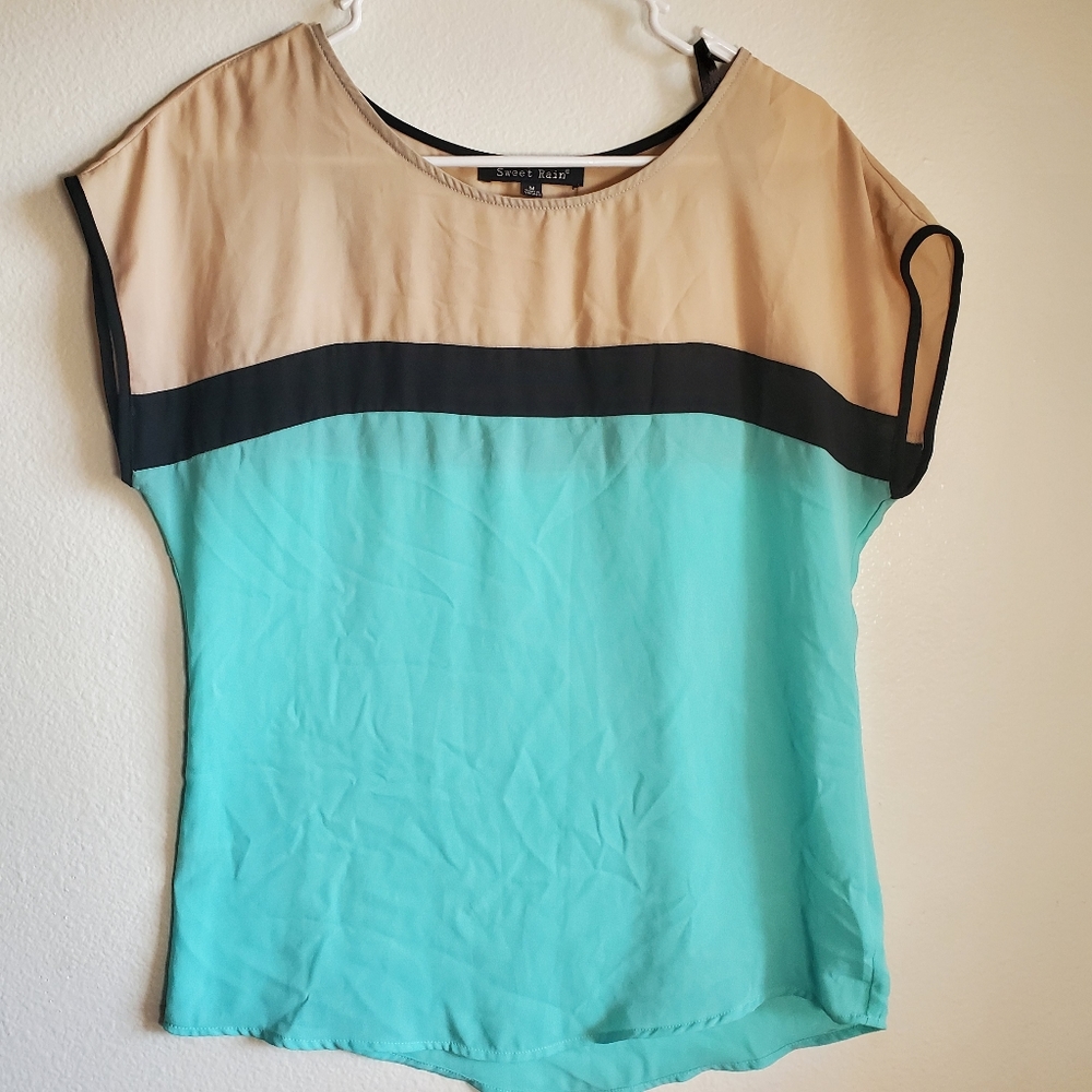 Sweet Rain Color Block Teal Tan Short Sleeve Sheer Medium Womans Top